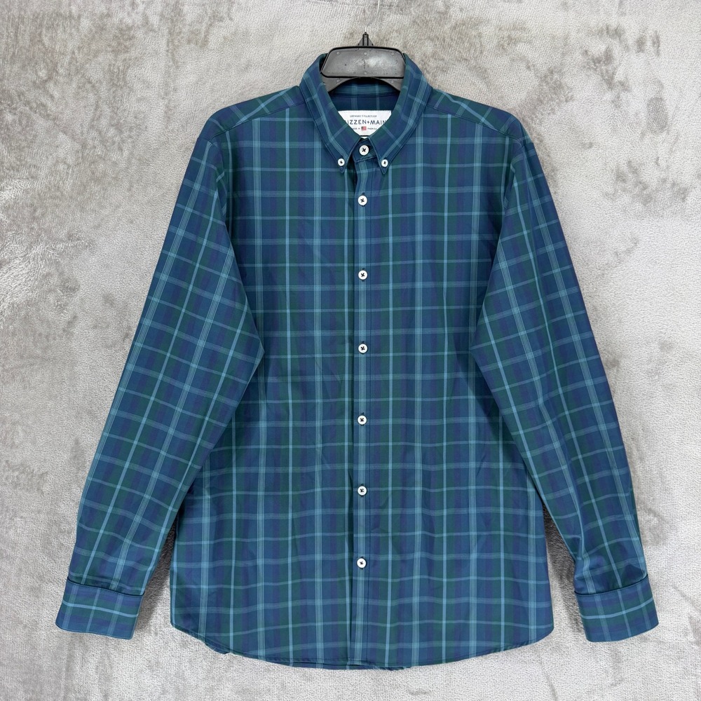 Mizzen+Main Leeward Collection Plaid Performance Dress Shirt‎ Teal Blue Mens L